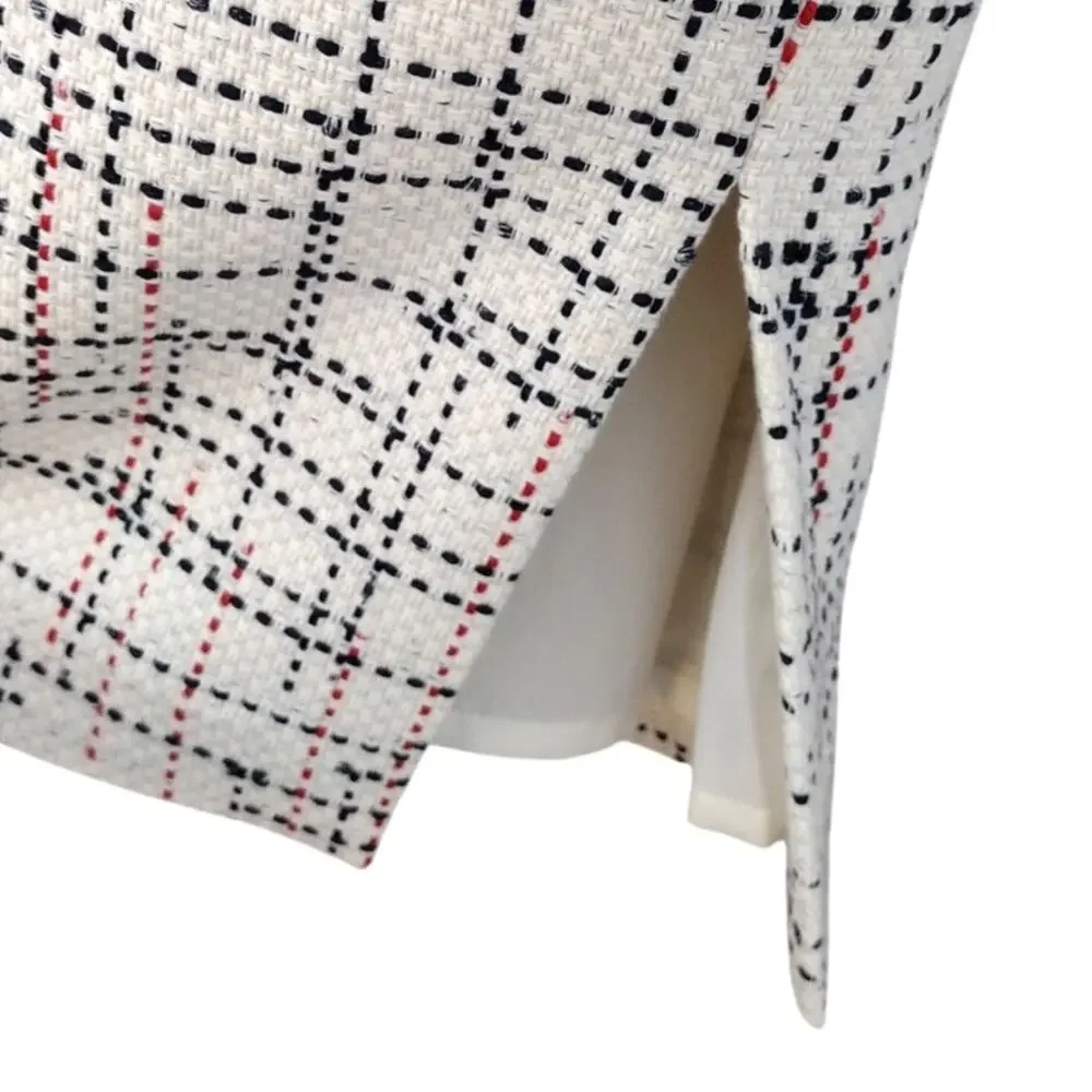 Banana Republic NEW Ivory with Black & Red Plaid-Style Weave Pencil Skirt Sz 14